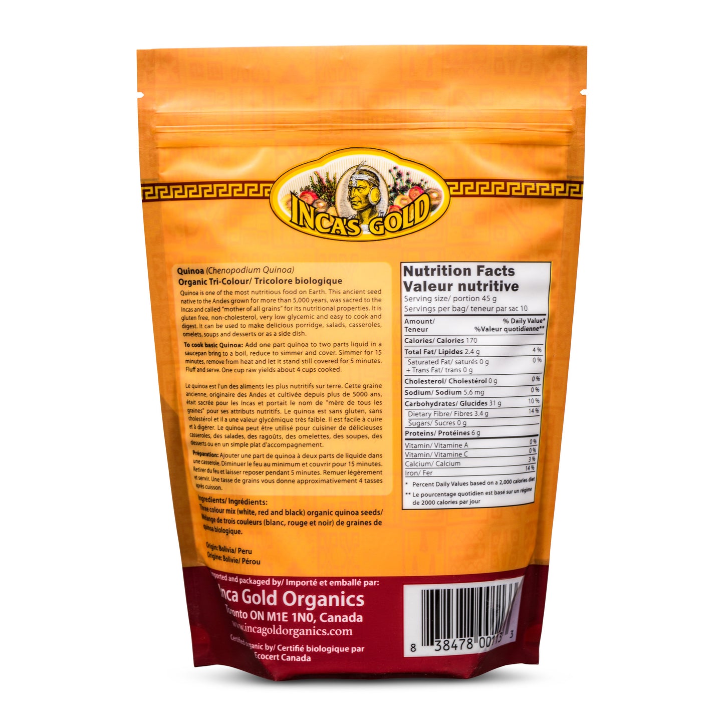 Inca's Gold Organic Kimsa (Tri-Colour) Quinoa 454g Back Image