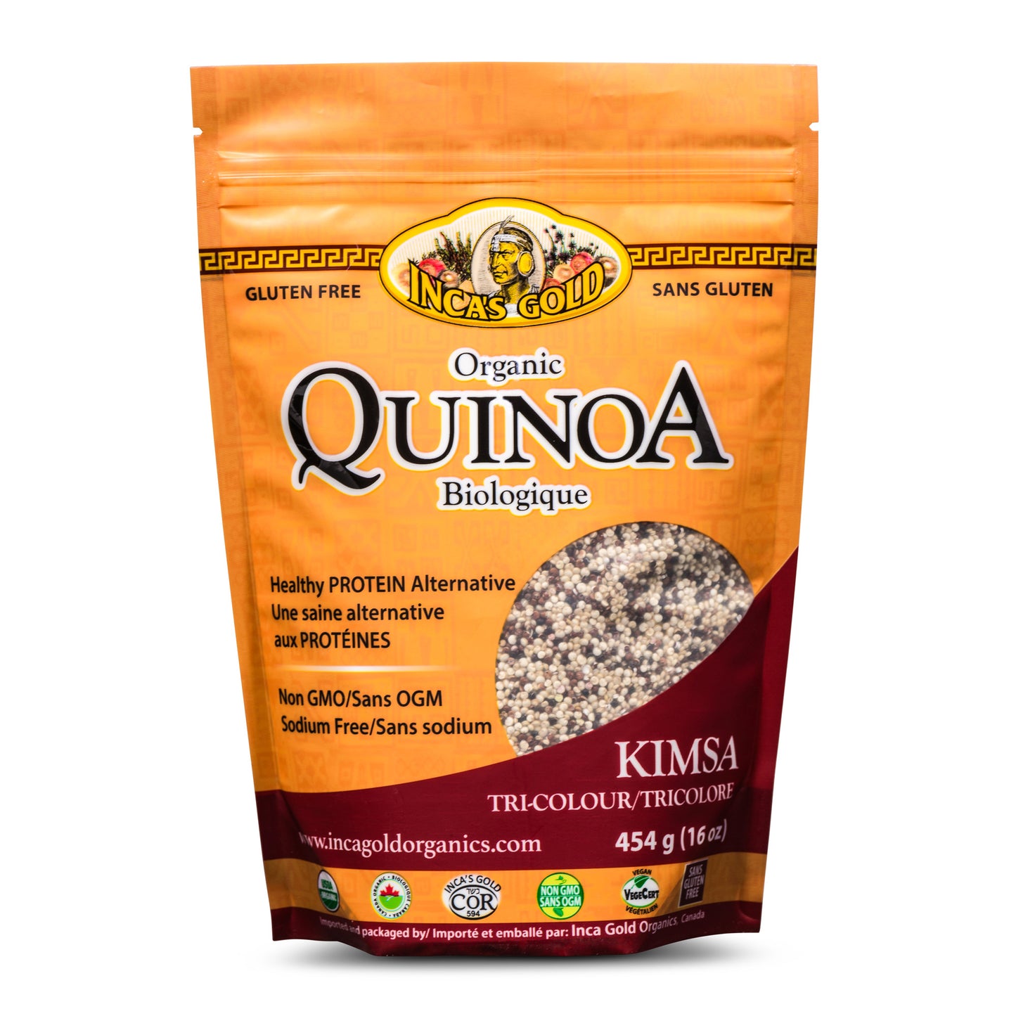 Inca's Gold Organic Kimsa (Tri-Colour) Quinoa 454g Front Image